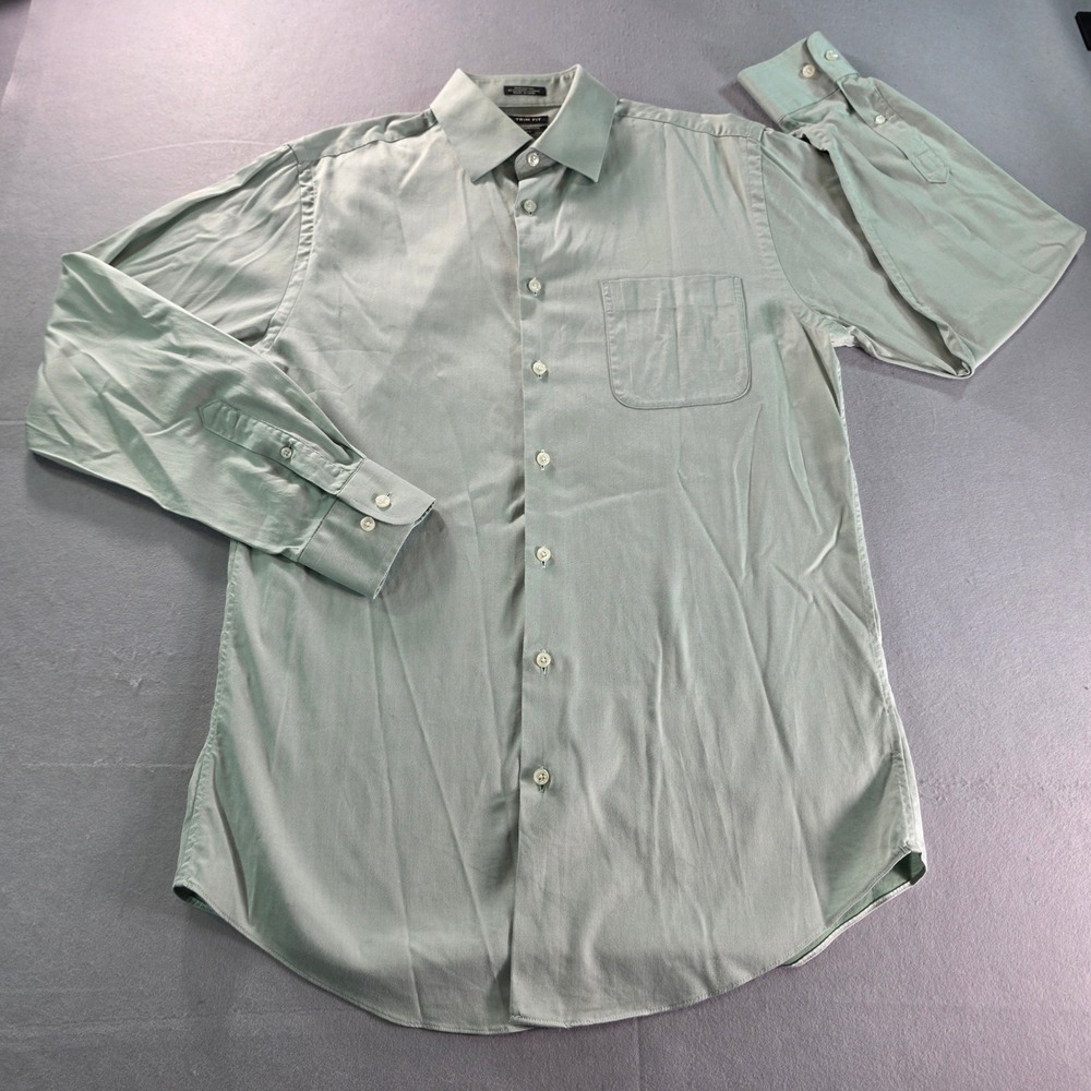 Neiman Marcus Mens Trim Fit Dress Shirt Sage Green 15.5 34/35 Long Sleeve